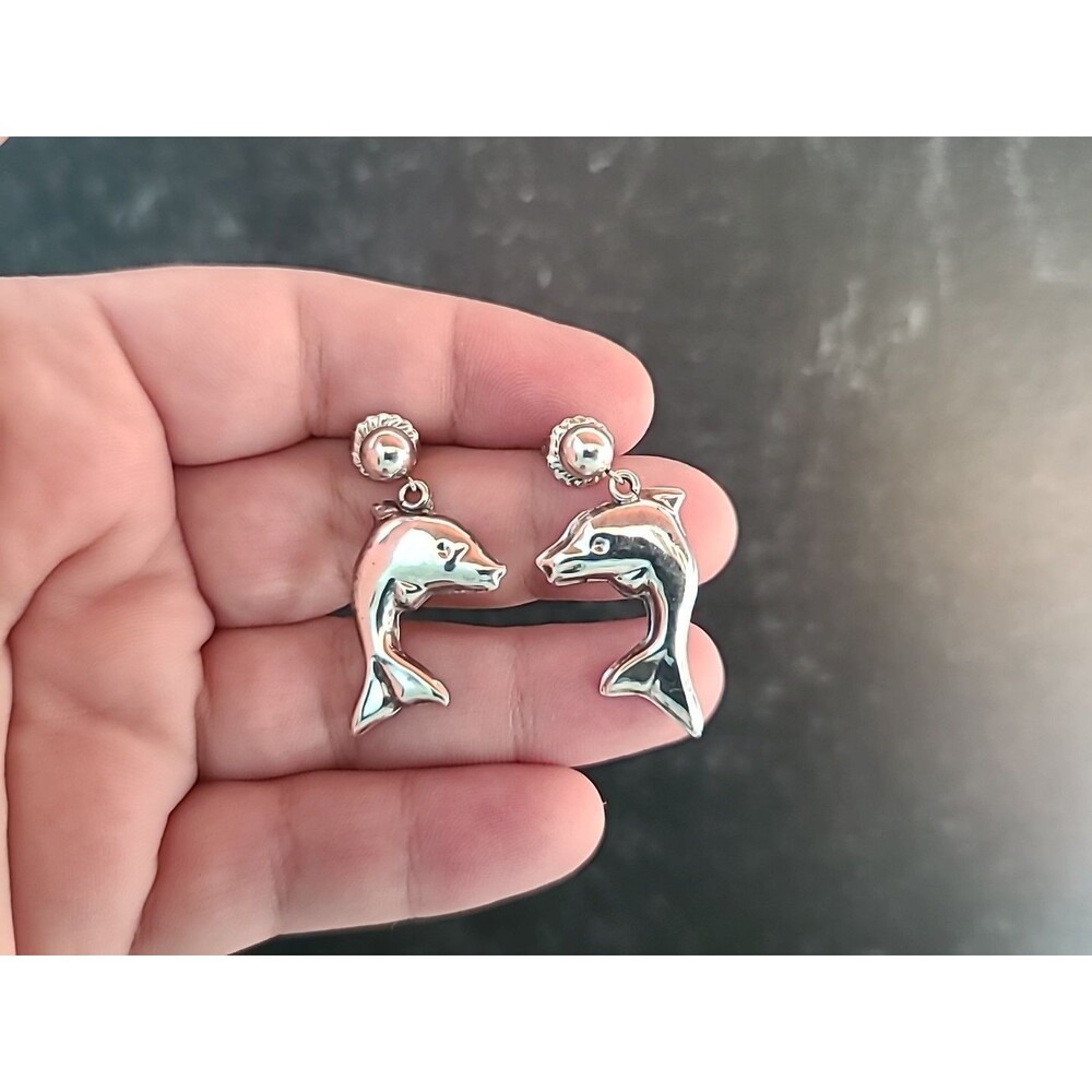 925 Sterling Silver Dolphin Dangling Pierced Earrings Vintage